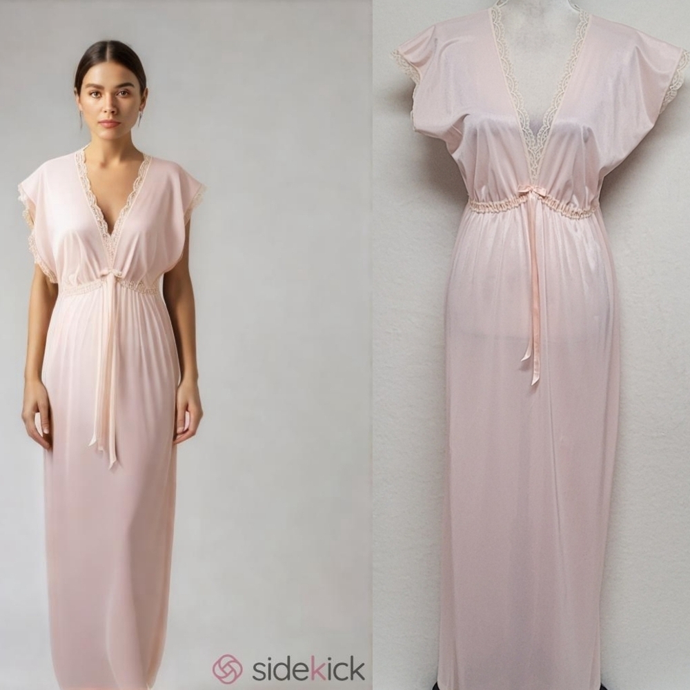 60s Vintage Softness by Avon Light Peach Lace Trim Empire Waist Maxi Nightgown.